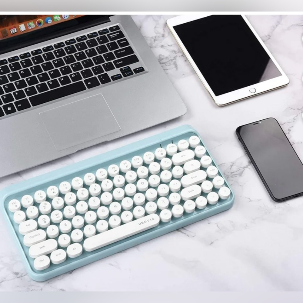 UBOTIE Portable Bluetooth Computer Keyboard Wireless Mini Retro 84Keys Teal Blue